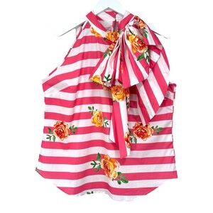NY&C Pink White Striped Tank Top Attached Neck Tie Bow Womens Size XL NWT